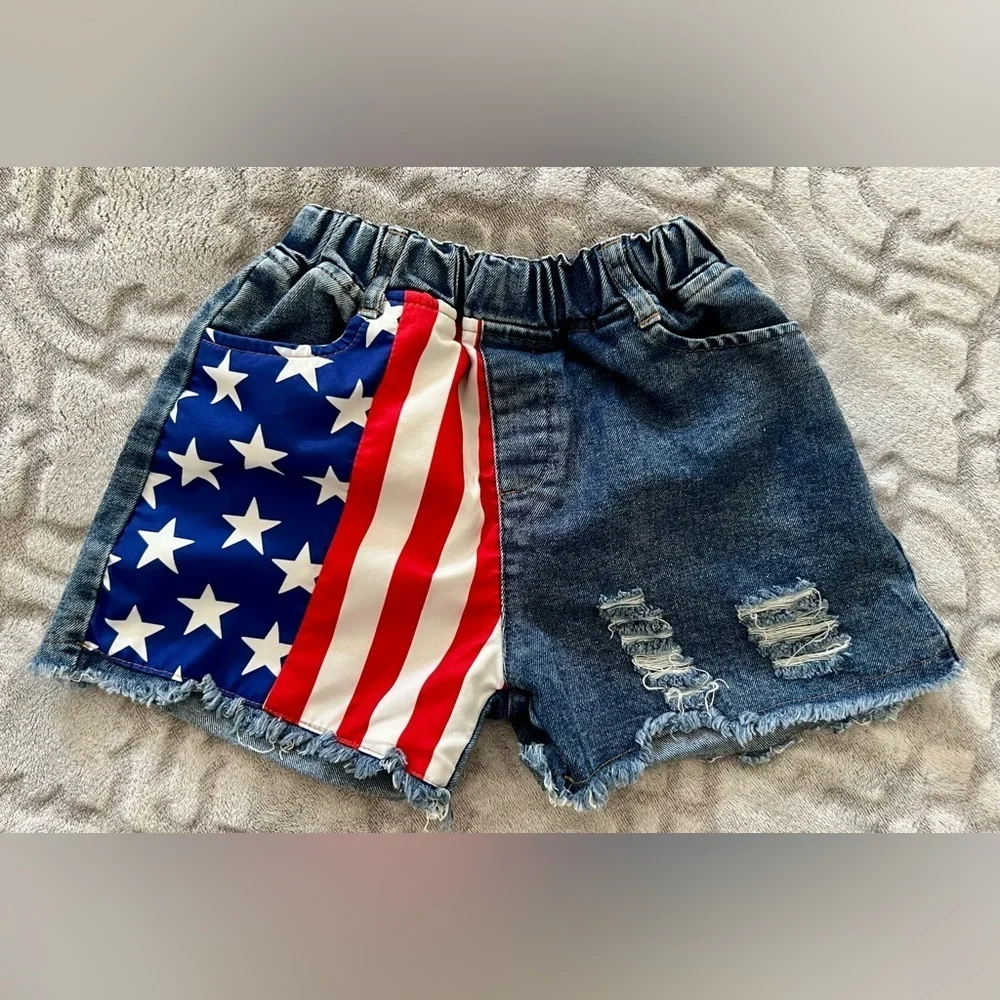 SHEIN Kids Stars & Stripes Distressed Denim Shorts Size 7Y
